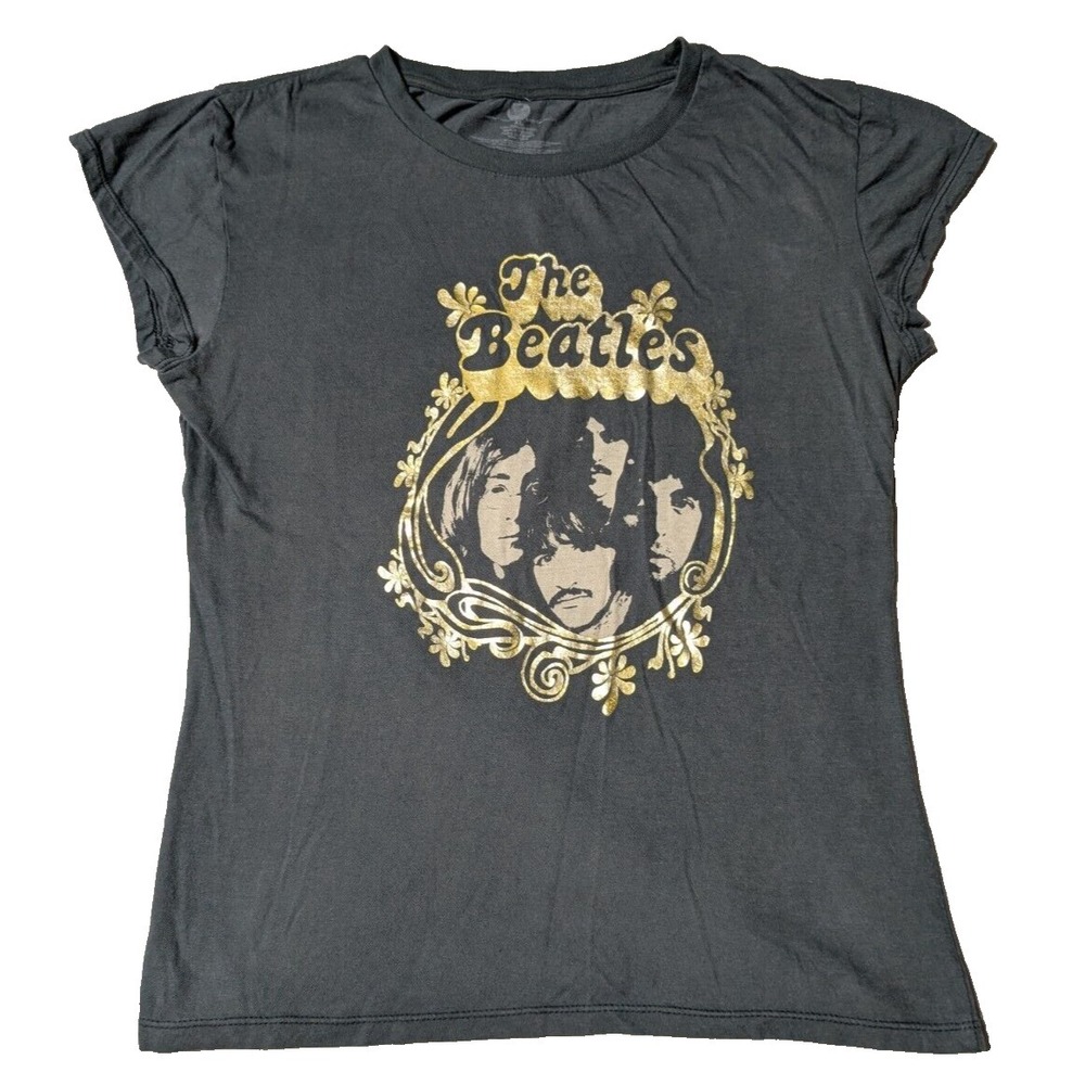 THE BEATLES Fab Four Gold Foil Women XL Gray Cotton Cap Sleeve Apple T-Shirt
